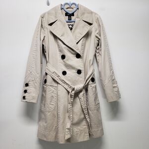 Style & Co Trench Coat Double Breasted Belted Womens Size S Khaki Preppy Cotton